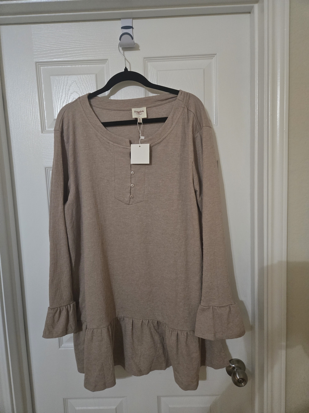 Hayden Neutral Taupe Ruffle-Hem Henley Top